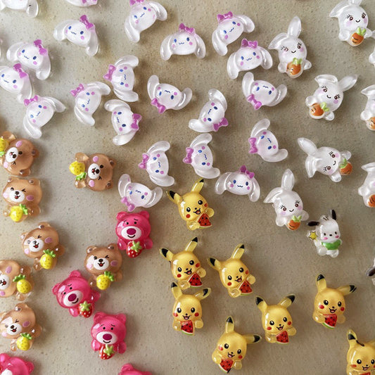 Mini Pikachu Cartoon Nail Art Accessories Resin Sanrio Strawberry Bear Wearable Nail Decoration Small Accessories Mixed Style
